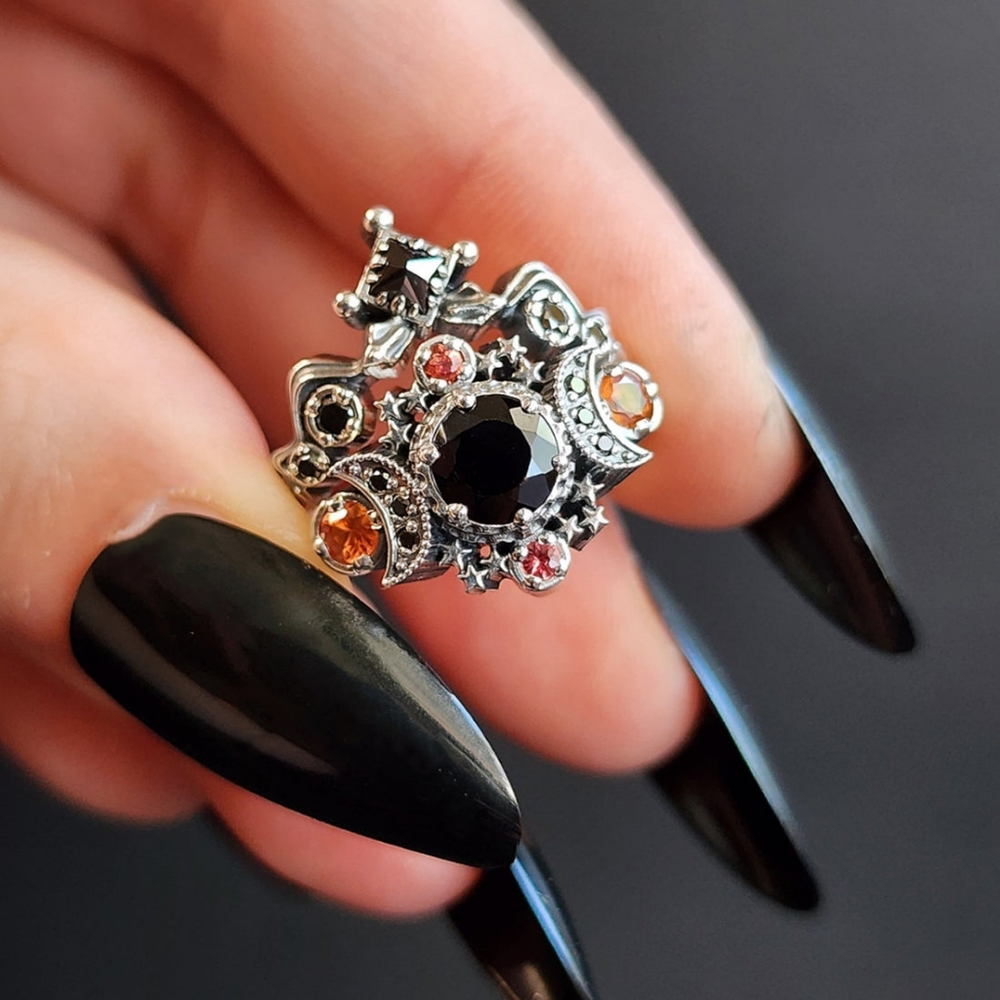 Silver Black Stone Celestial Ring Set - Women's Fashion - Picture 4 of 16